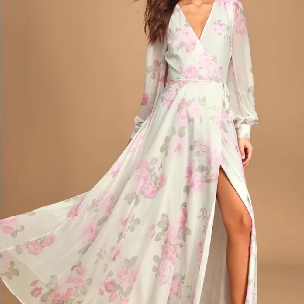 Lulu's White and Pink Long Sleeve Sundress with V-Neck and Slit